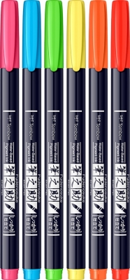 Markere caligrafice Fudenosuke Hard, 6 culori/set, Tombow
